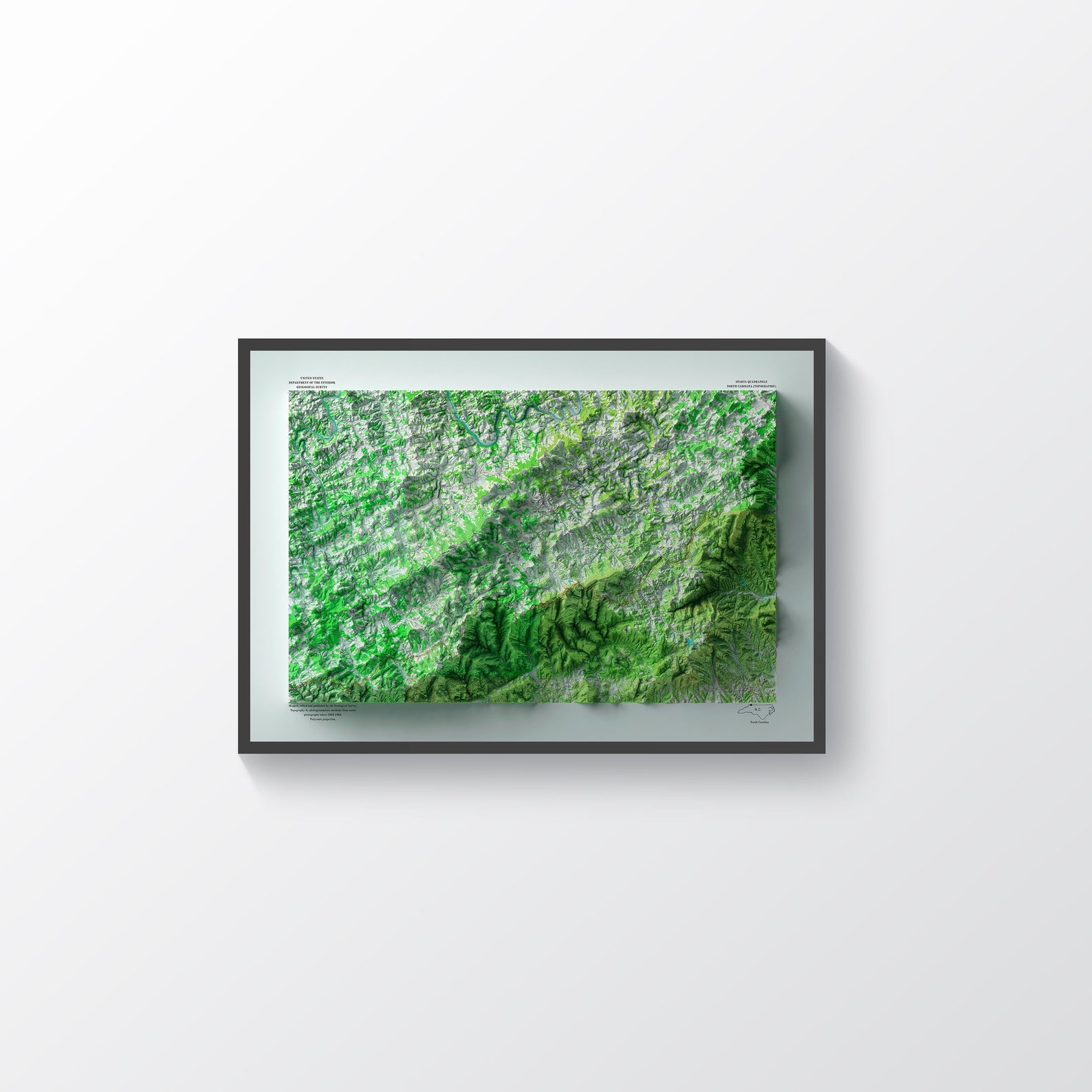 Alleghany County (North Carolina) vintage framed shaded relief map in black frame. Artistic print highlighting mountains with a realistic terrain effect