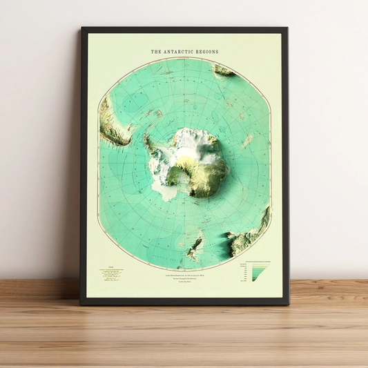 Antarctica vintage framed shaded relief map in black frame. Artistic print highlighting mountains with a realistic terrain effect