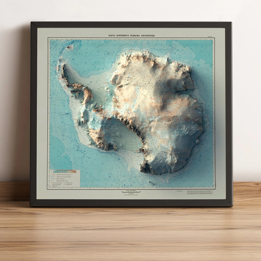 Arctic vintage framed shaded relief map in black frame. Artistic print highlighting mountains with a realistic terrain effect