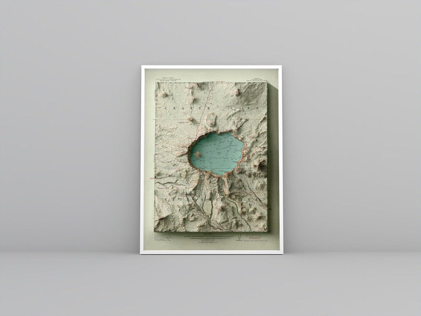 Crater Lake (Oregon) vintage framed shaded relief map in white frame. Artistic print highlighting mountains with a realistic 3d effect
