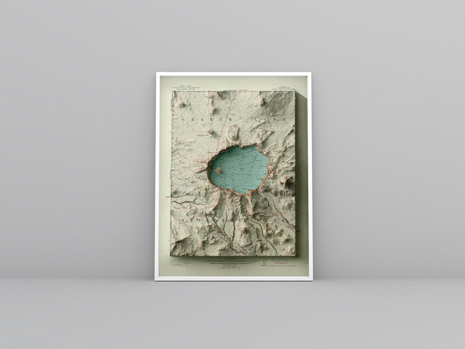 Crater Lake (Oregon) vintage framed shaded relief map in white frame. Artistic print highlighting mountains with a realistic 3d effect