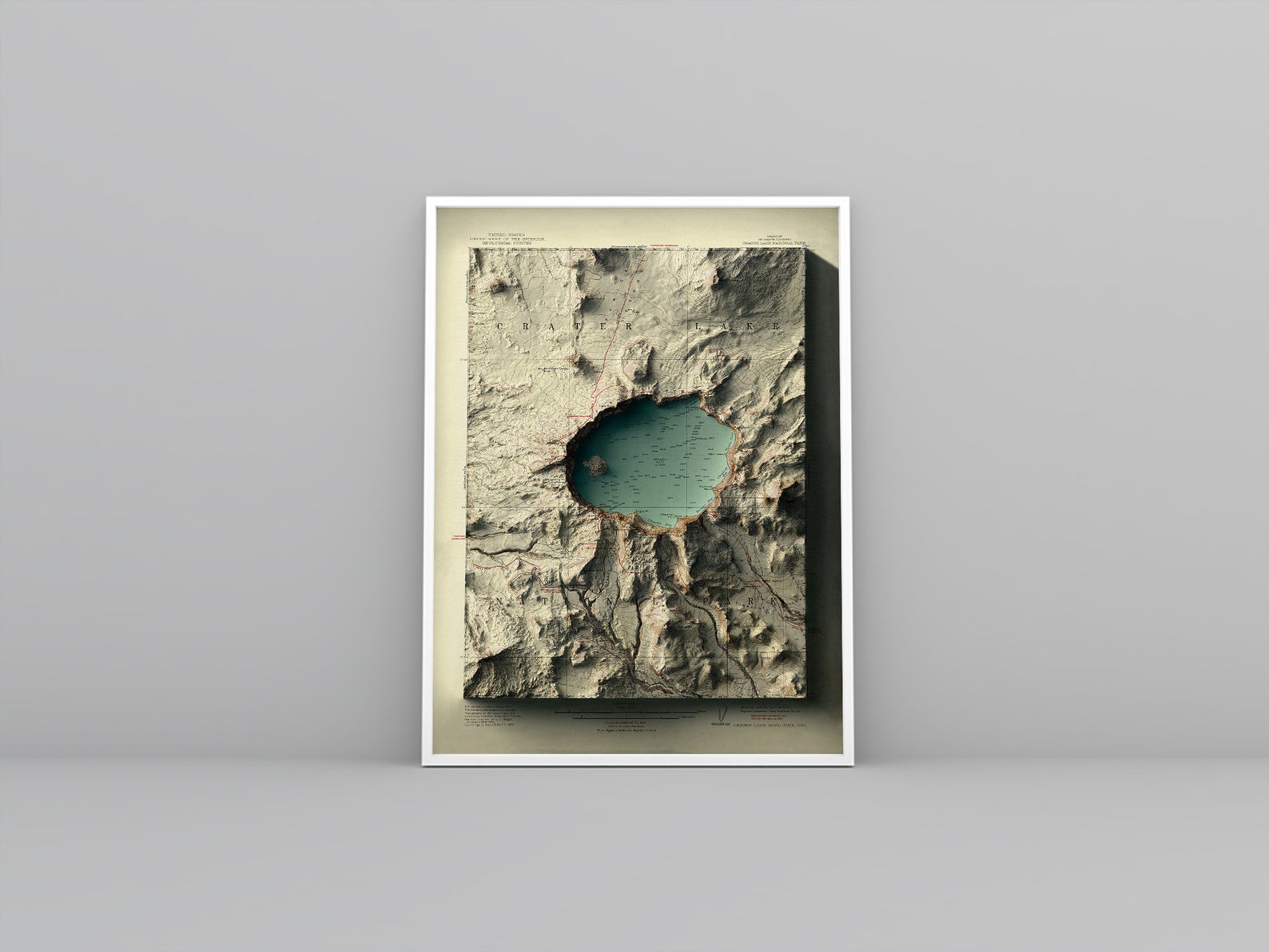 Crater Lake (Oregon) vintage framed shaded relief map in white frame. Artistic print highlighting mountains with a realistic 3d effect