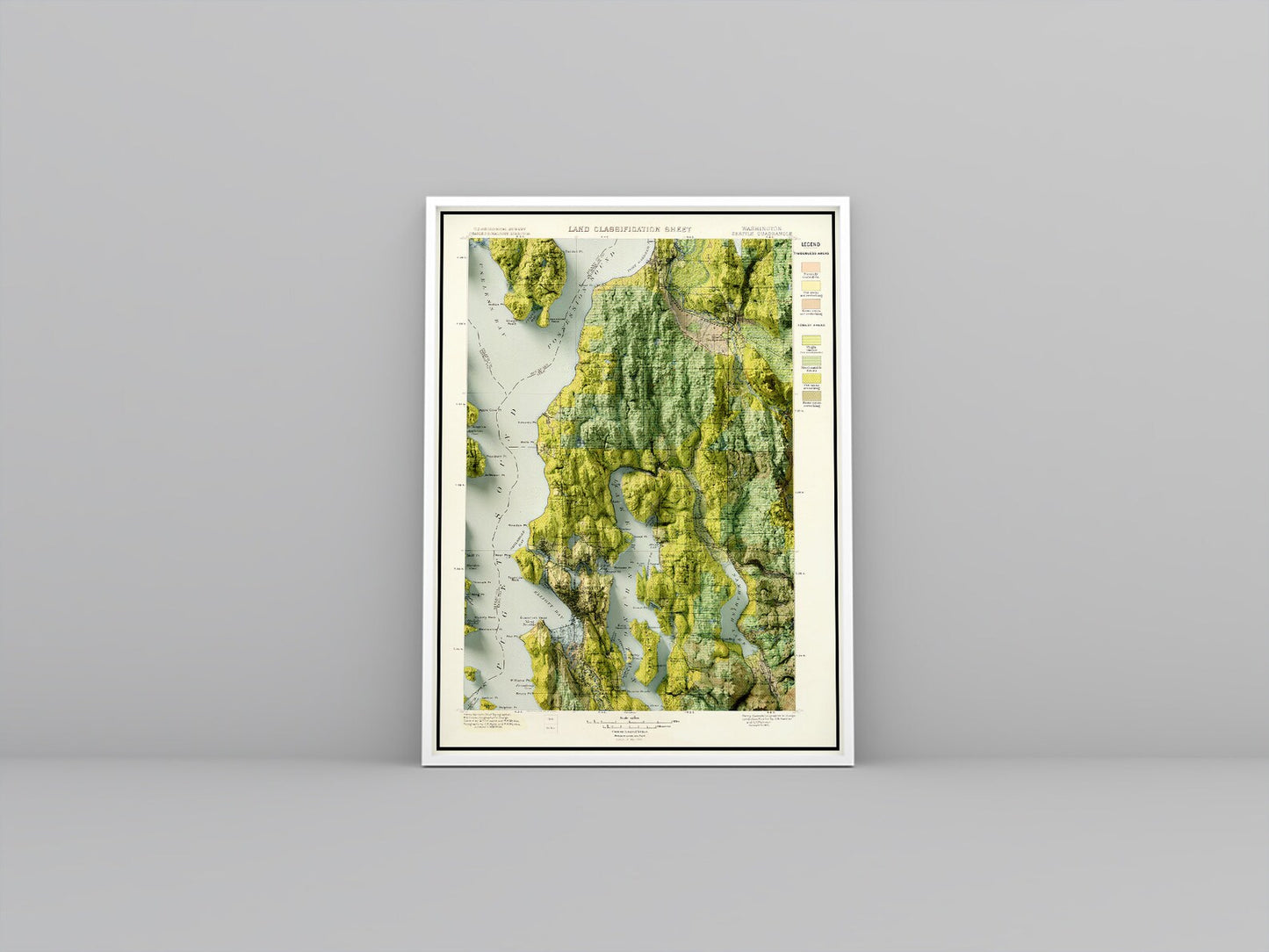 Seattle (USA) vintage framed shaded relief map in white frame. Artistic print highlighting mountains with a realistic 3d effect