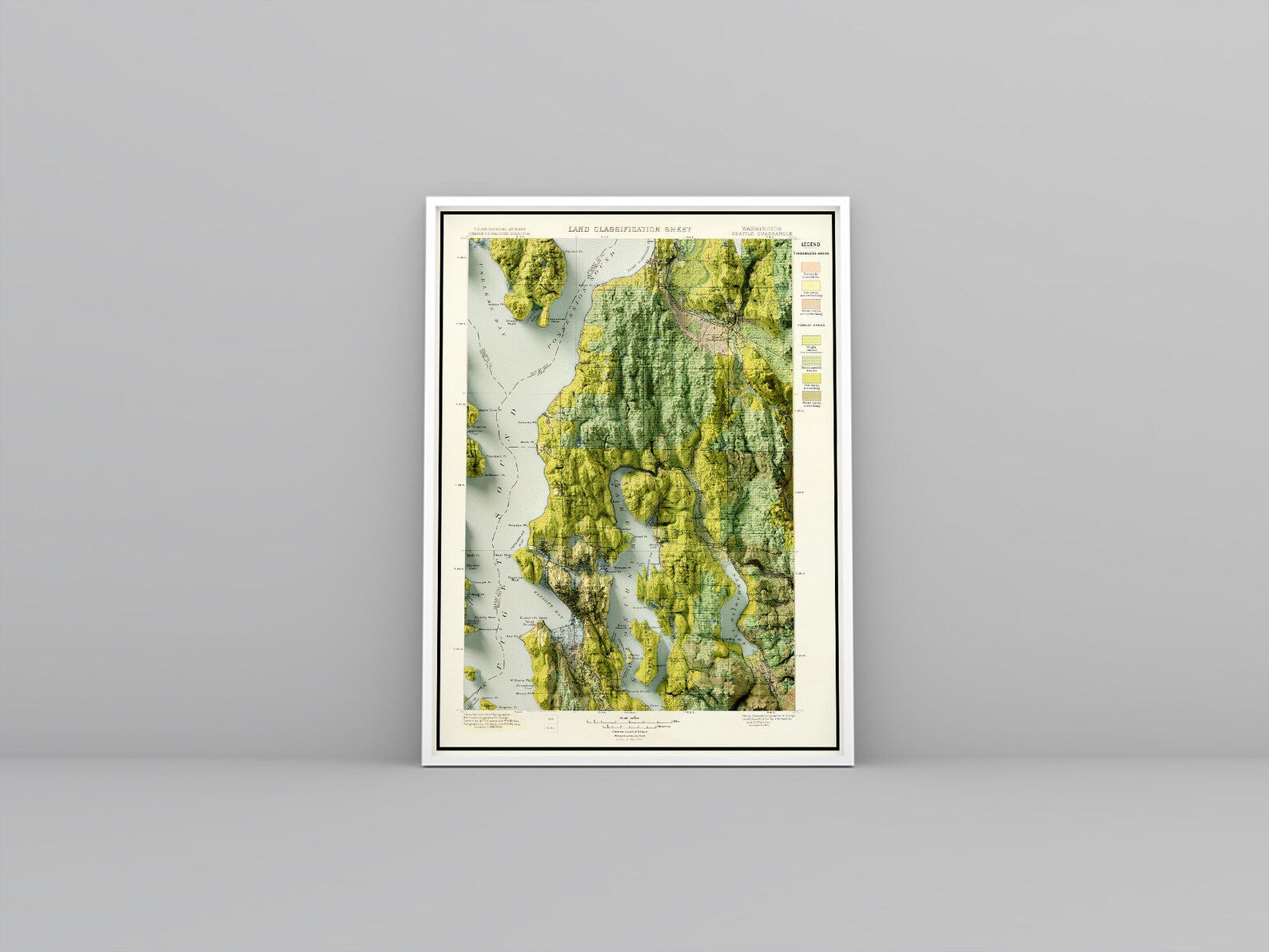 Seattle (USA) vintage framed shaded relief map in white frame. Artistic print highlighting mountains with a realistic 3d effect