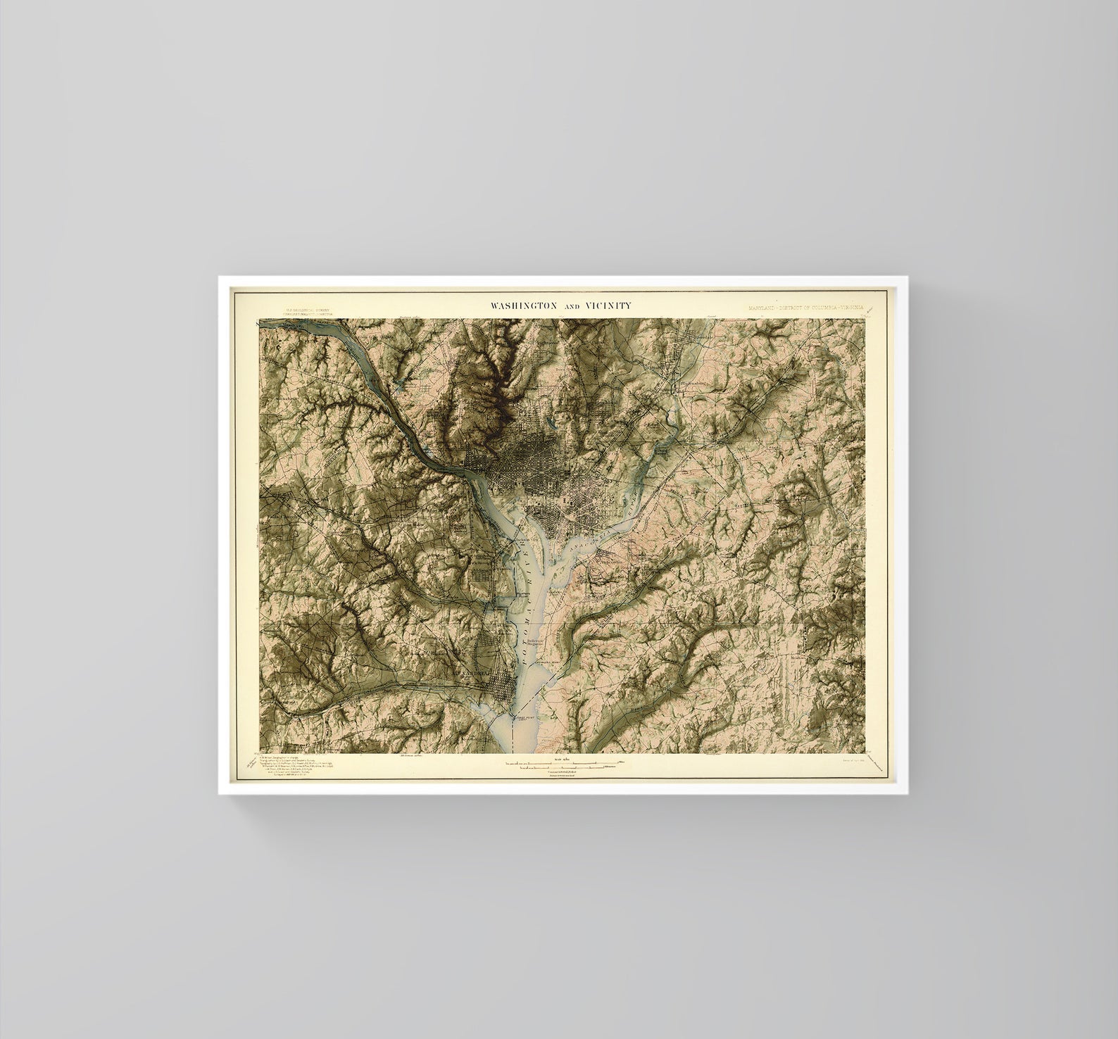 Washington DC (USA) vintage framed shaded relief map in white frame. Artistic print highlighting mountains with a realistic 3d effect