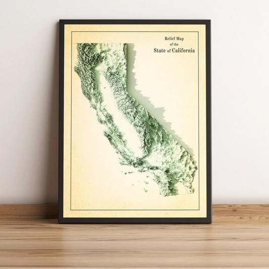 California (USA) vintage framed shaded relief map in black frame. Artistic print highlighting mountains with a realistic terrain effect