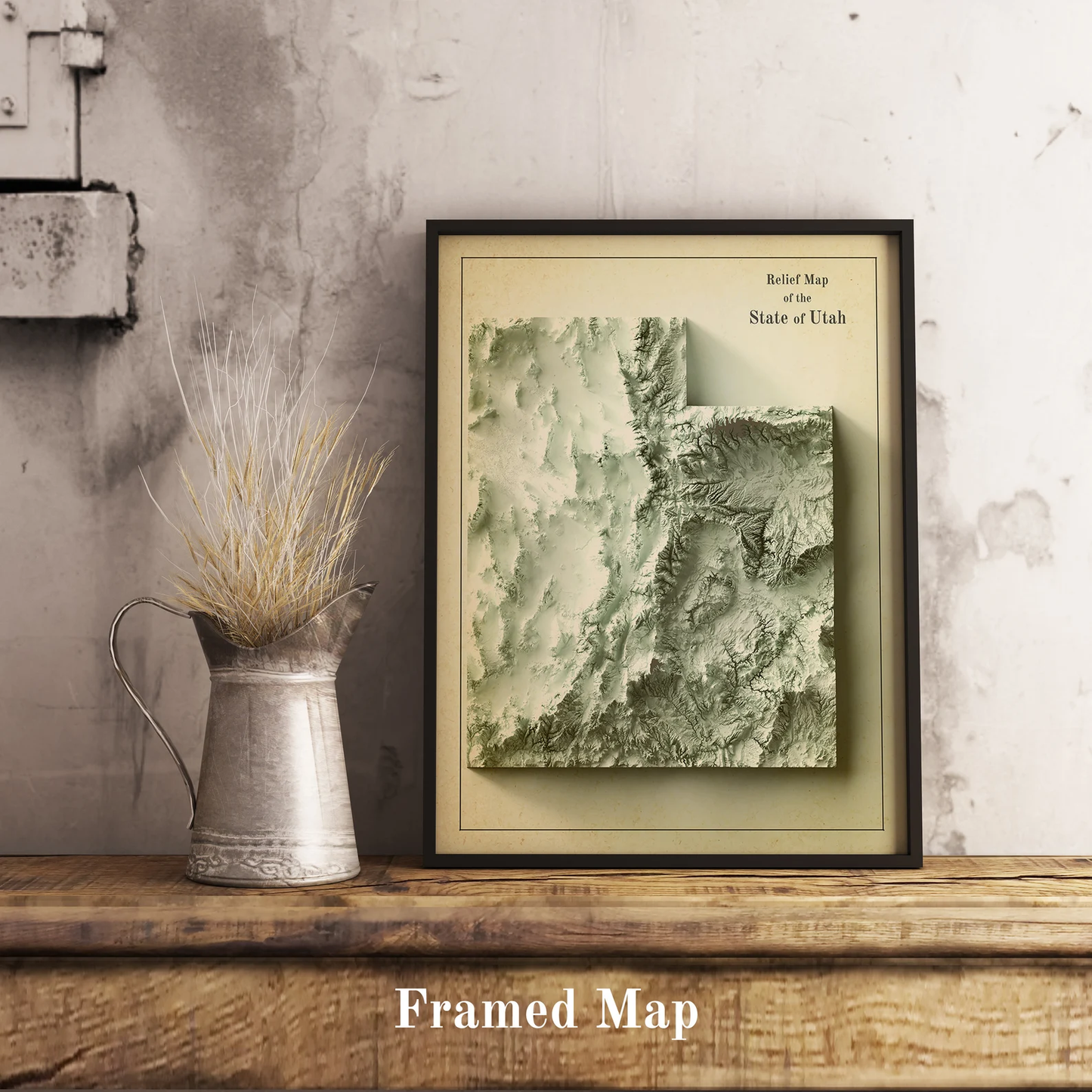 Vintage Utah (USA) shaded relief map in black frame. Realistic terrain art print for home decor, displayed on rustic wooden table