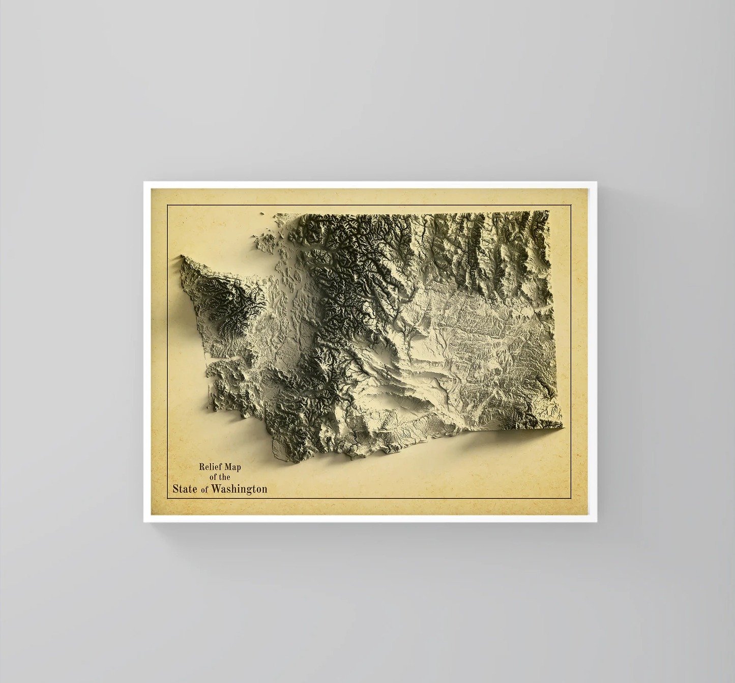 Washington DC (USA) vintage framed shaded relief map in white frame. Artistic print highlighting mountains with a realistic 3d effect