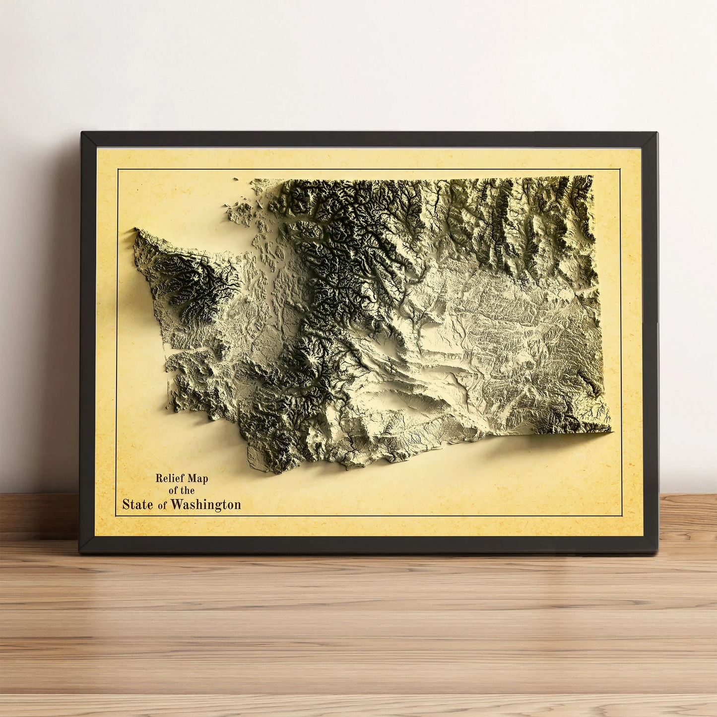 Washington (USA) vintage framed shaded relief map in black frame. Artistic print highlighting mountains with a realistic terrain effect
