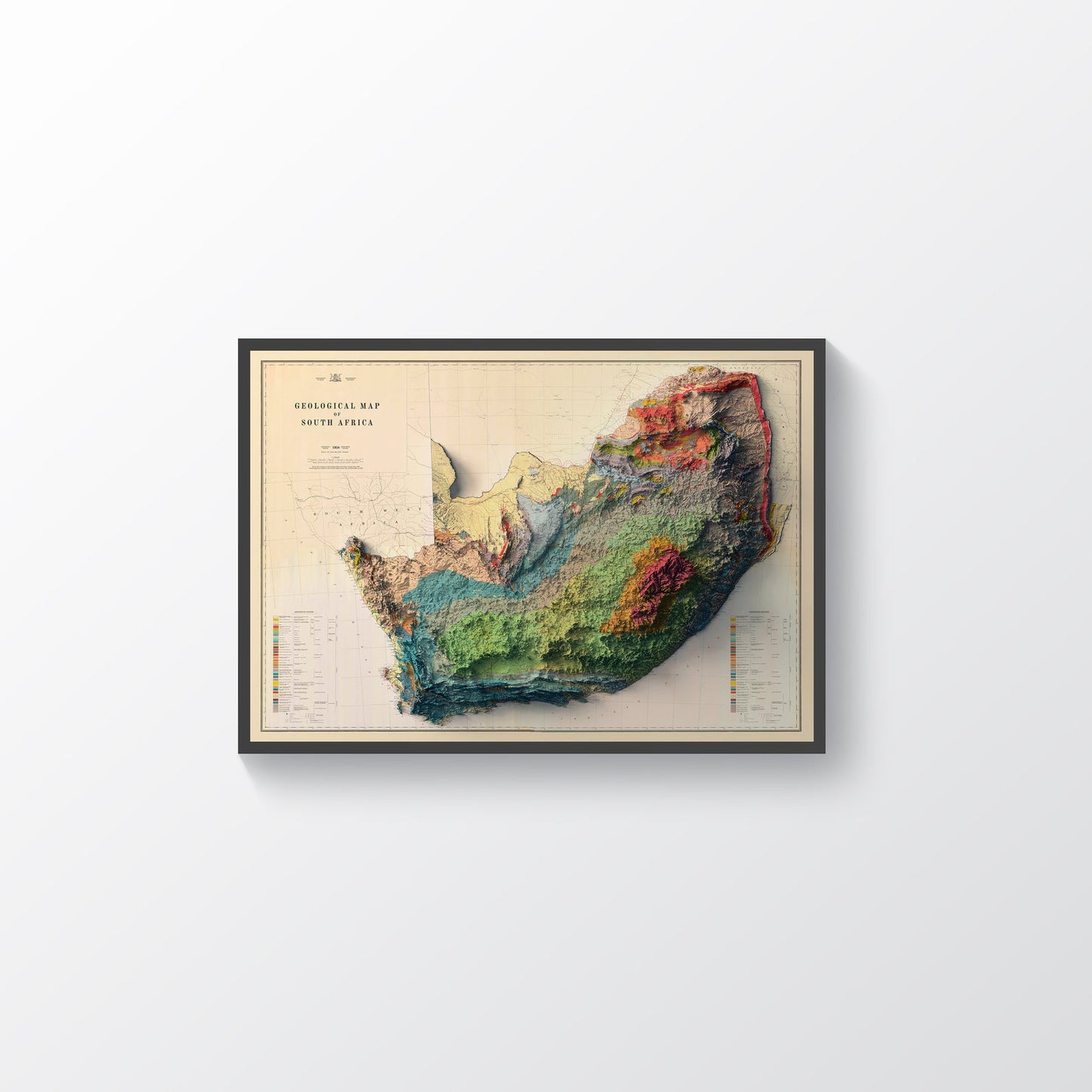 South Africa vintage framed shaded relief map in black frame. Artistic print highlighting mountains with a realistic terrain effect