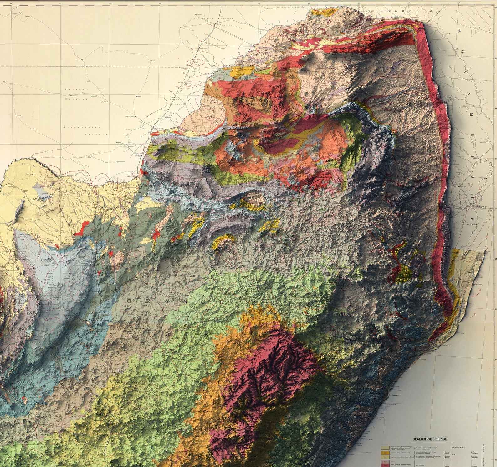 Detailed close-up of a vintage South Africa relief map, showcasing textured topography and geographic contours