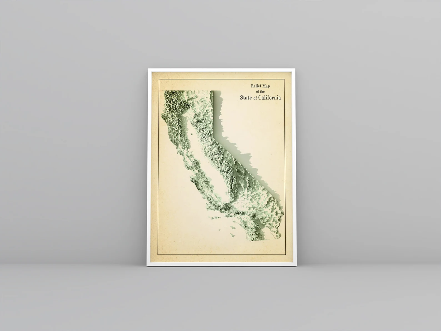 California (USA) vintage framed shaded relief map in white frame. Artistic print highlighting mountains with a realistic 3d effect