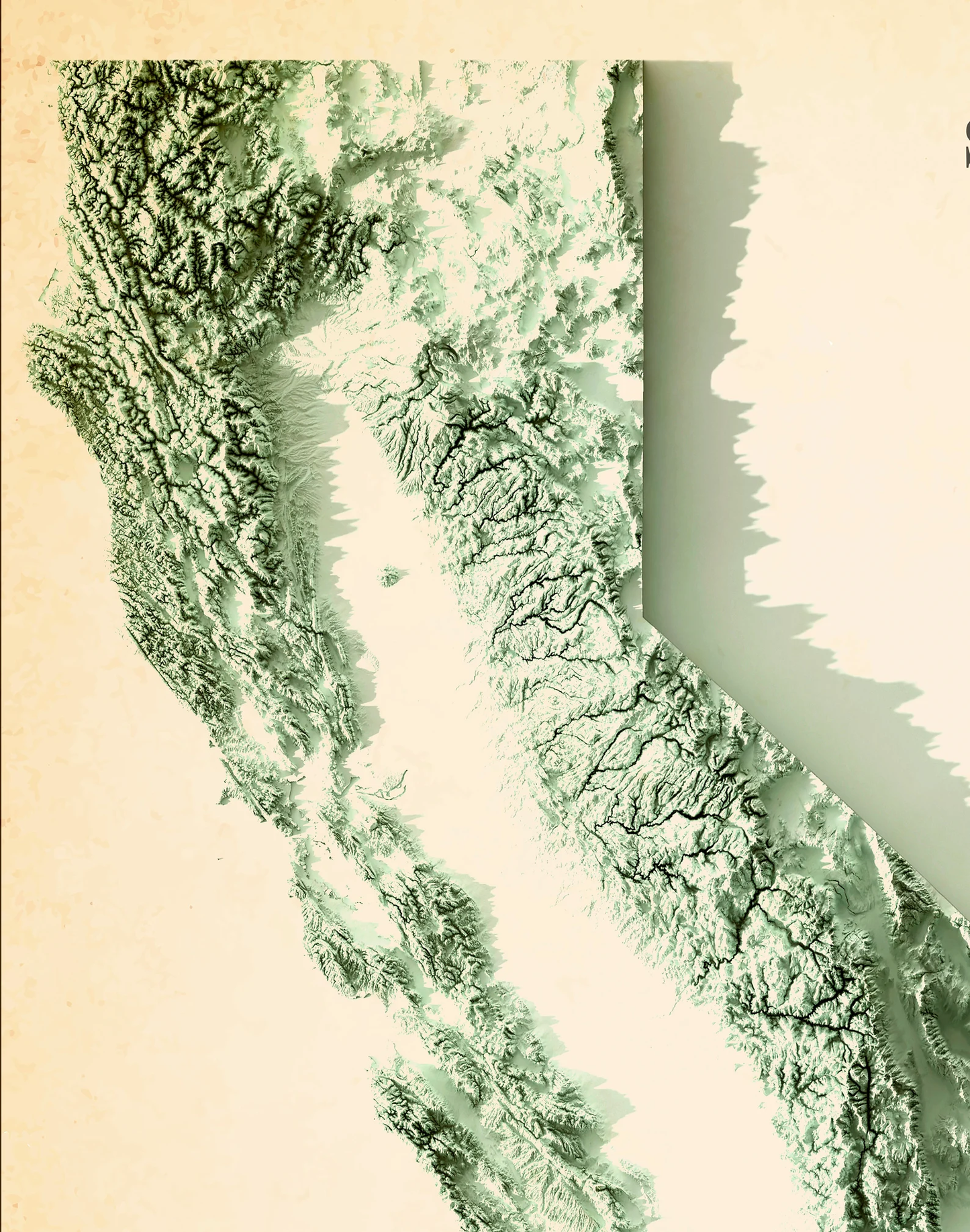 Detailed close-up of a California (USA) relief map, showcasing textured topography and geographic contours