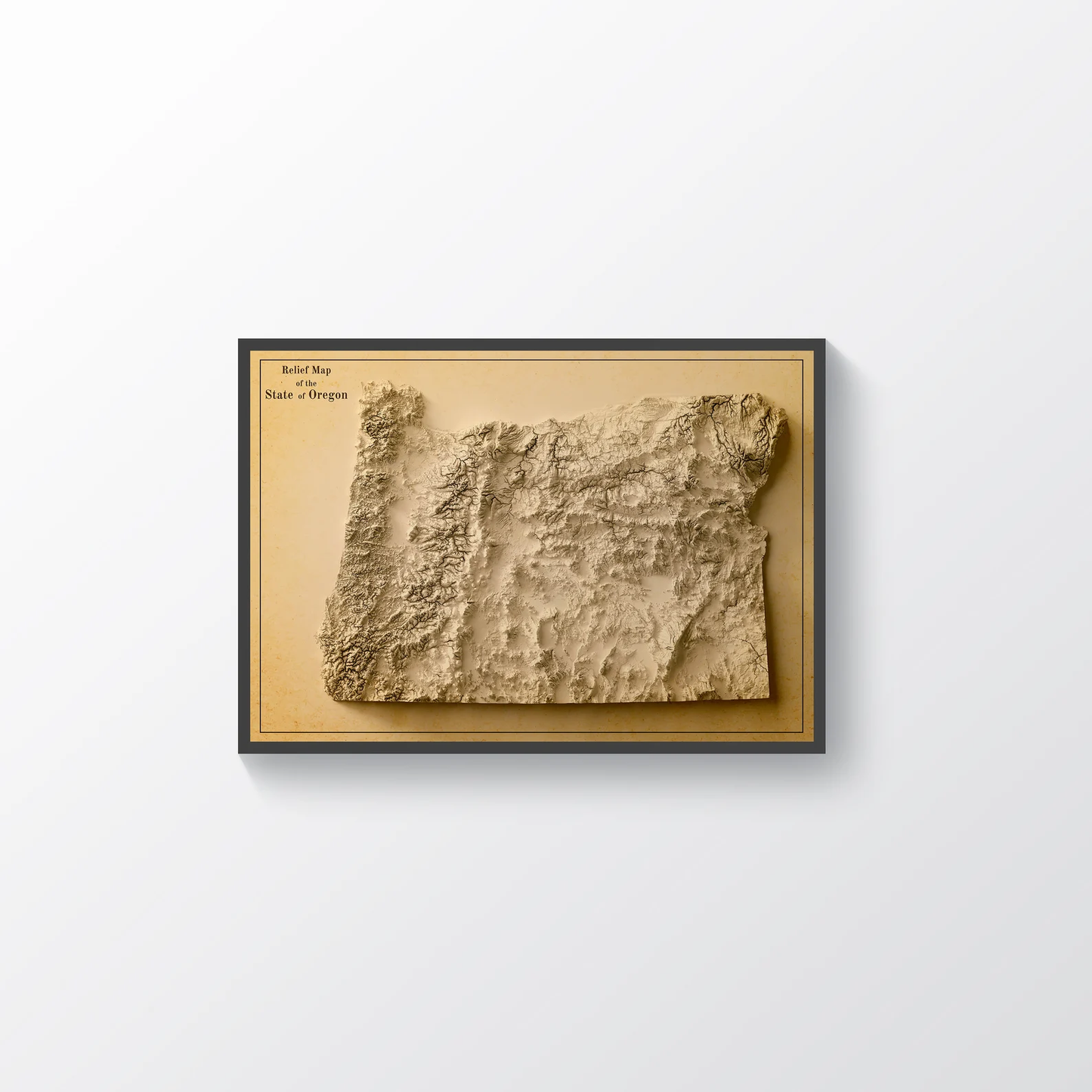 Oregon (USA) vintage framed shaded relief map in black frame. Artistic print highlighting mountains with a realistic terrain effect