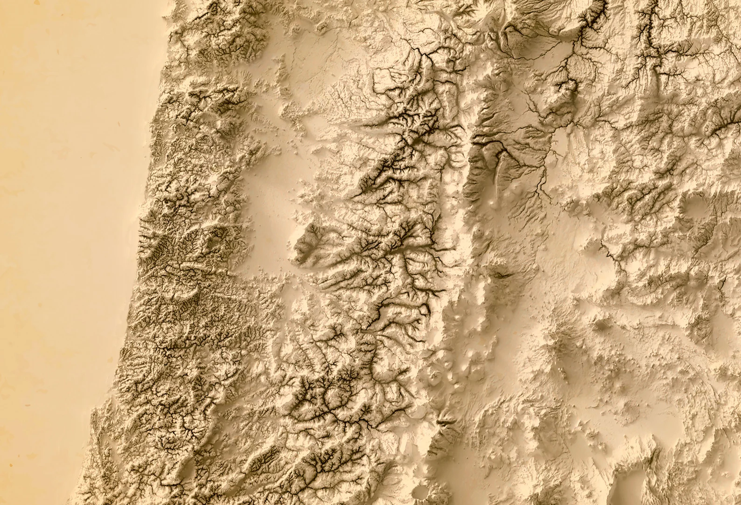Detailed close-up of a vintage Oregon (USA) relief map, showcasing textured topography and geographic contours