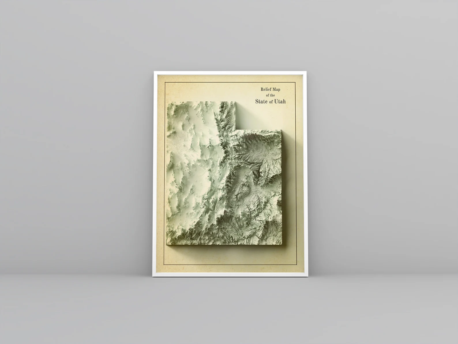 Utah (USA) vintage framed shaded relief map in white frame. Artistic print highlighting mountains with a realistic 3d effect
