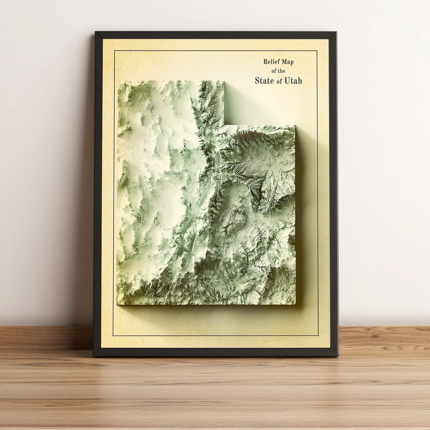 Utah (USA) vintage framed shaded relief map in black frame. Artistic print highlighting mountains with a realistic terrain effect