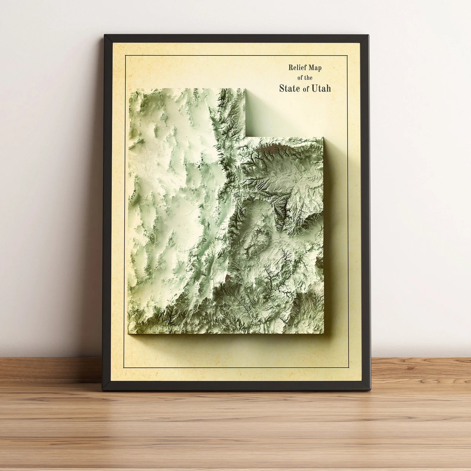 Utah (USA) vintage framed shaded relief map in black frame. Artistic print highlighting mountains with a realistic terrain effect