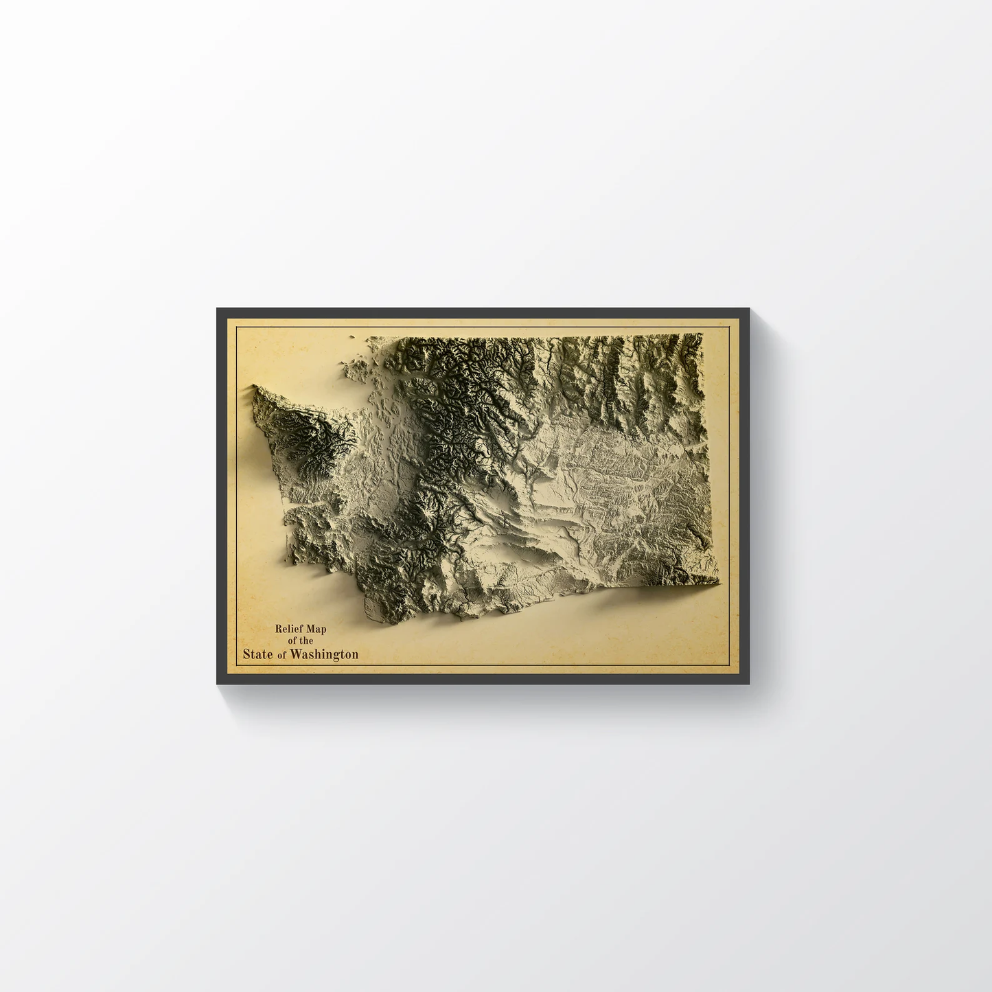 Washington (USA) vintage framed shaded relief map in black frame. Artistic print highlighting mountains with a realistic terrain effect