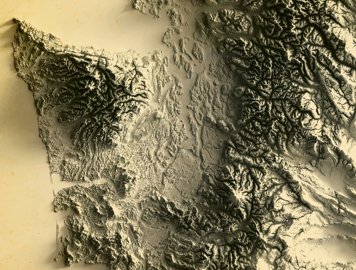 Detailed close-up of a vintage Washington (USA) relief map, showcasing textured topography and geographic contours