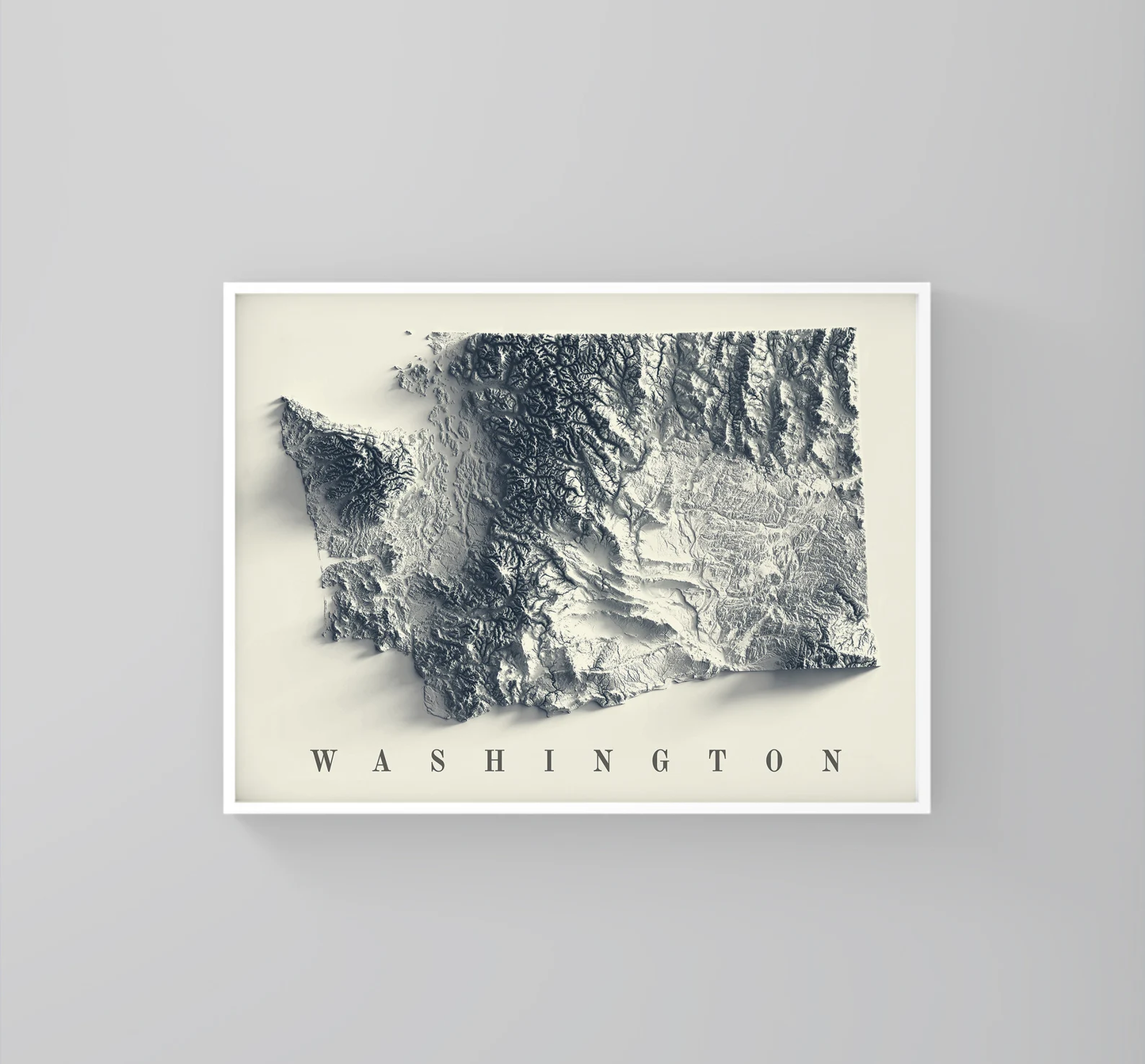 Washington (USA) framed shaded relief map in white frame. Artistic print highlighting mountains with a realistic 3d effect