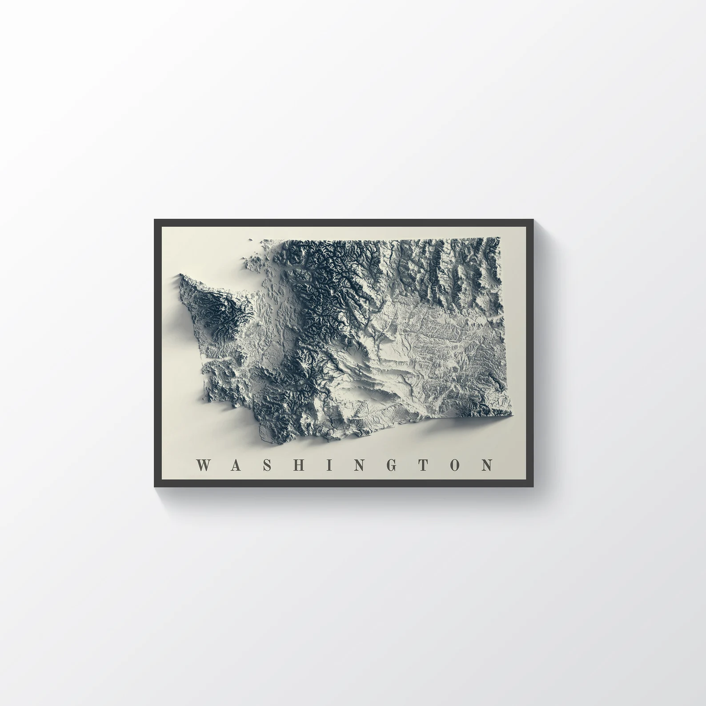Washington (USA) vintage framed shaded relief map in black frame. Artistic print highlighting mountains with a realistic terrain effect