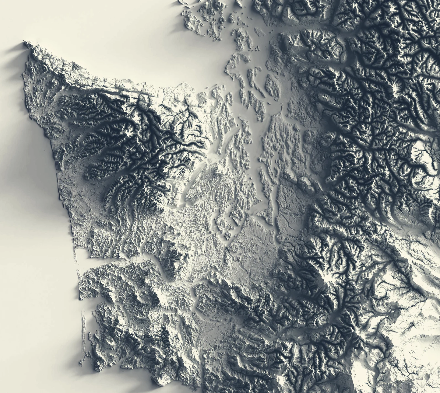 Detailed close-up of a Washington (USA) relief map, showcasing textured topography and geographic contours