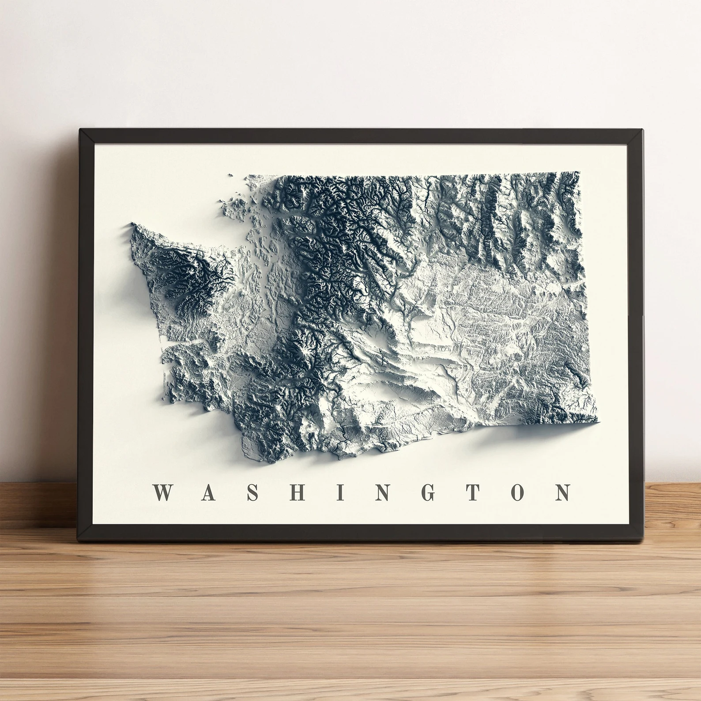Washington (USA) framed shaded relief map in black frame. Artistic print highlighting mountains with a realistic terrain effect