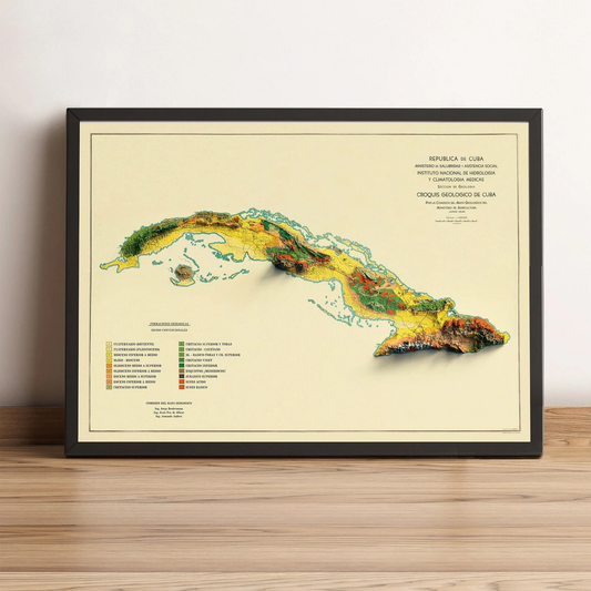 Cuba vintage framed shaded relief map in black frame. Artistic print highlighting mountains with a realistic terrain effect