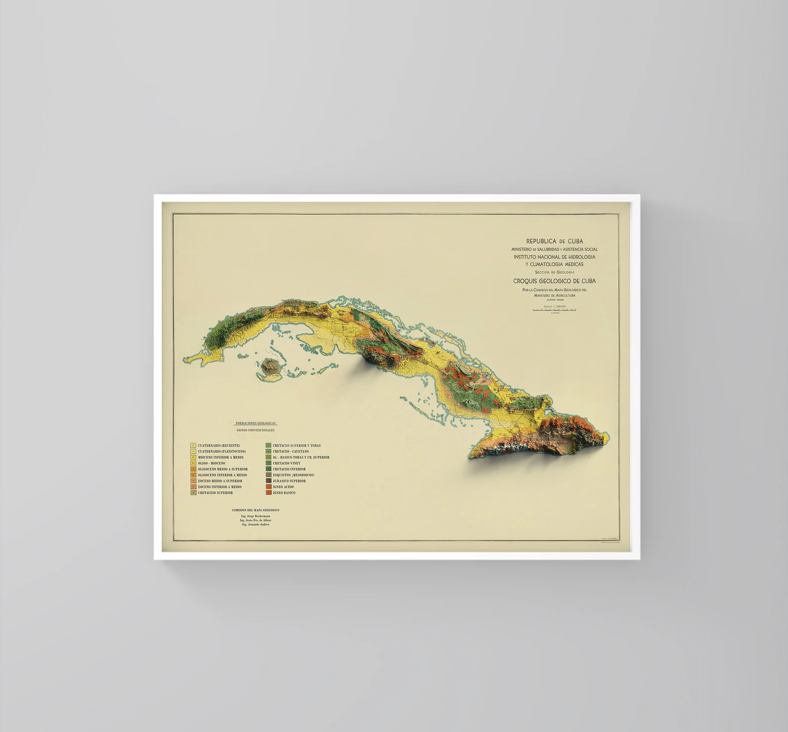 Cuba vintage framed shaded relief map in white frame. Artistic print highlighting mountains with a realistic 3d effect