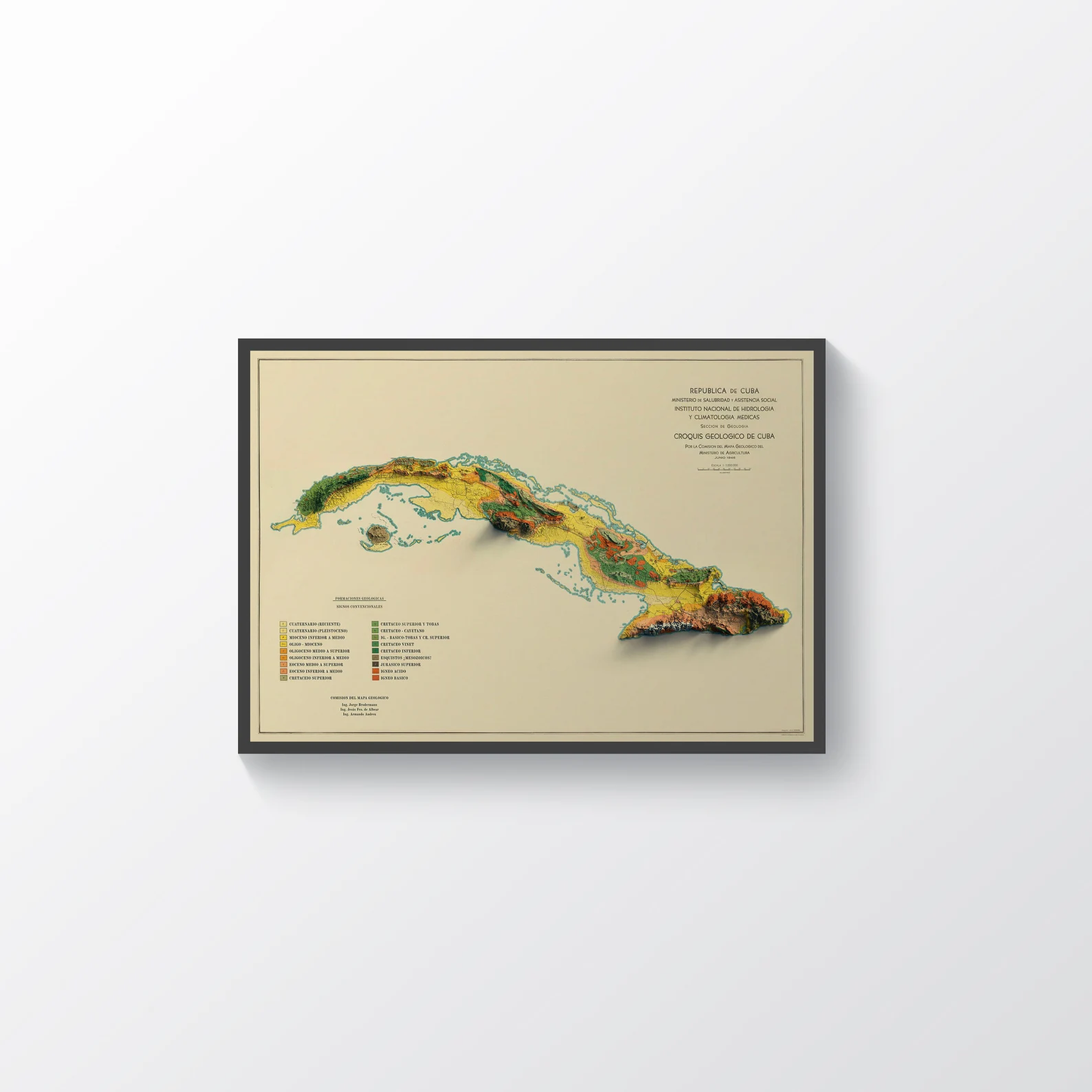 Cuba vintage framed shaded relief map in black frame. Artistic print highlighting mountains with a realistic terrain effect