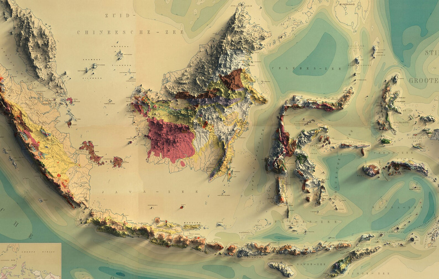 Detailed close-up of a vintage Indonesia relief map, showcasing textured topography and geographic contours