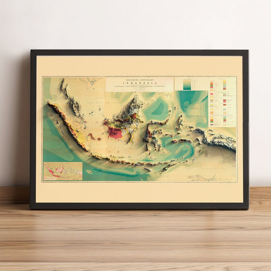Indonesia vintage framed shaded relief map in black frame. Artistic print highlighting mountains with a realistic terrain effect