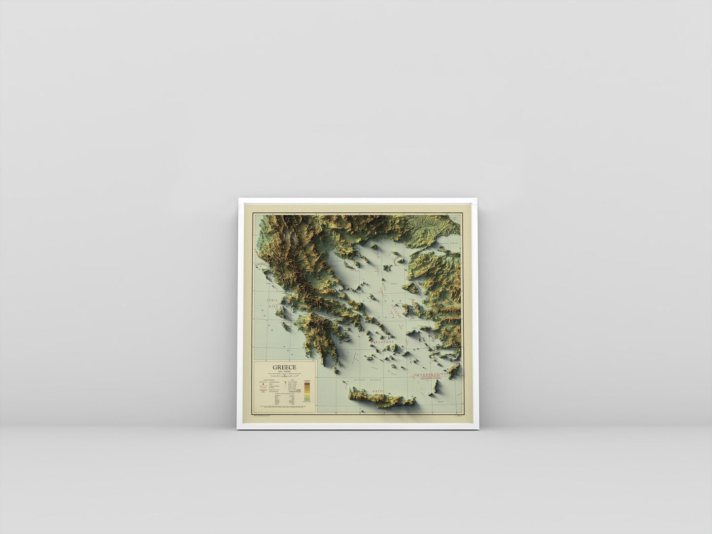 Greece vintage framed shaded relief map in white frame. Artistic print highlighting mountains with a realistic 3d effect