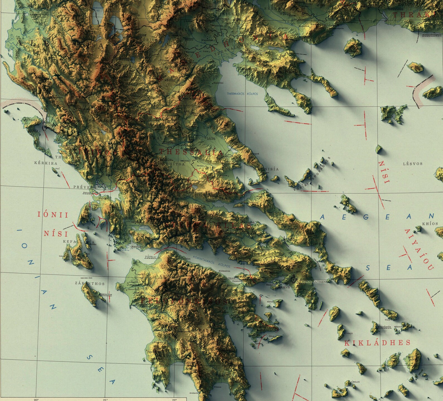 Detailed close-up of a vintage Greece relief map, showcasing textured topography and geographic contours