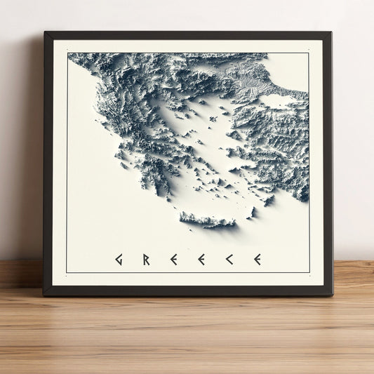 Greece vintage framed shaded relief map in black frame. Artistic print highlighting mountains with a realistic terrain effect