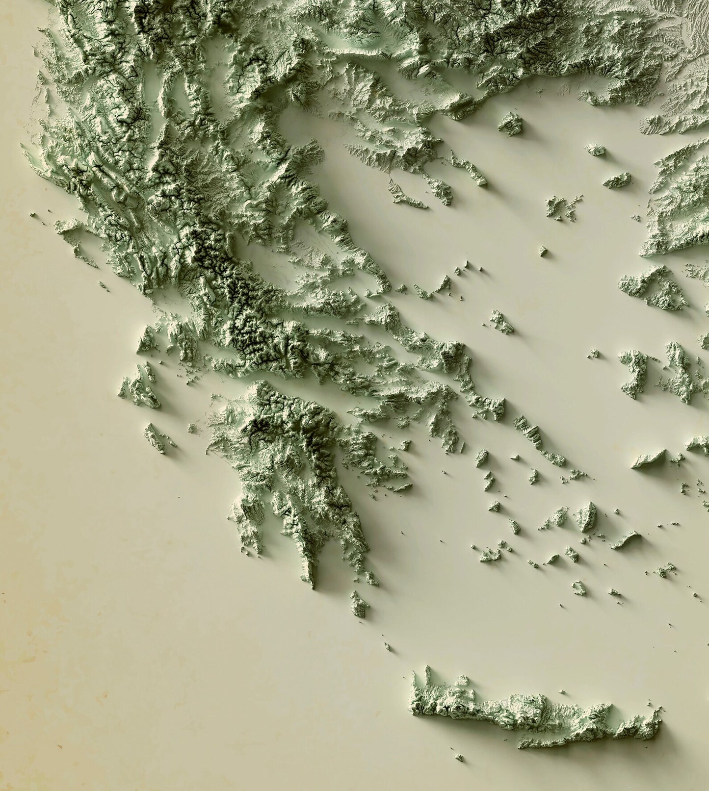 Detailed close-up of a vintage Greece relief map, showcasing textured topography and geographic contours