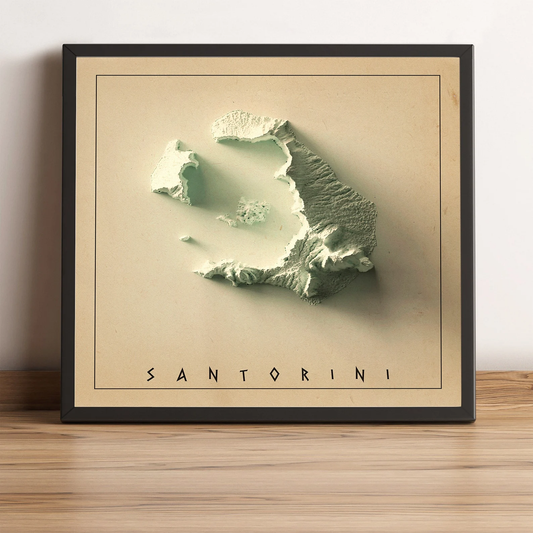 Santorini (Greece) vintage framed shaded relief map in black frame. Artistic print highlighting mountains with a realistic terrain effect
