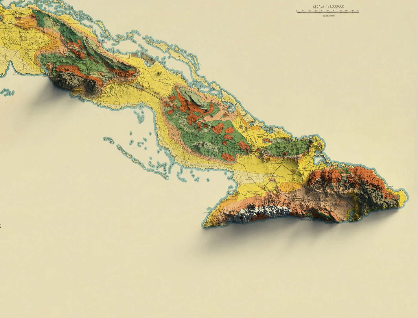 Detailed close-up of a vintage Cuba map, showcasing textured topography  and geographic contours
