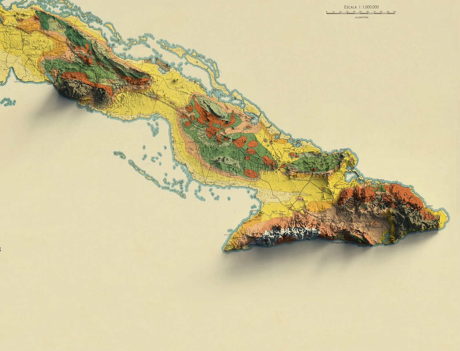 Detailed close-up of a vintage Cuba map, showcasing textured topography  and geographic contours