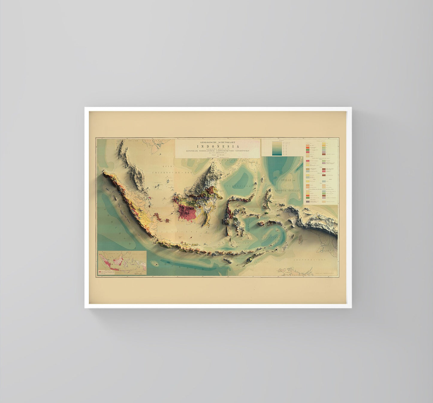 Indonesia vintage framed shaded relief map in white frame. Artistic print highlighting mountains with a realistic 3d effect