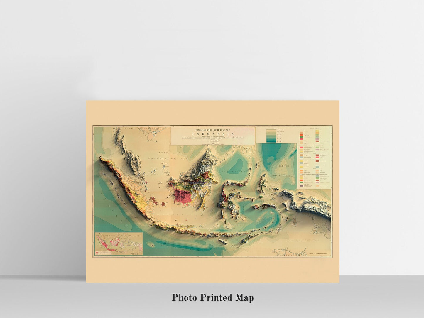 Indonesia Shaded relief map print, highlighting topography. Ideal for home decor and geography lovers