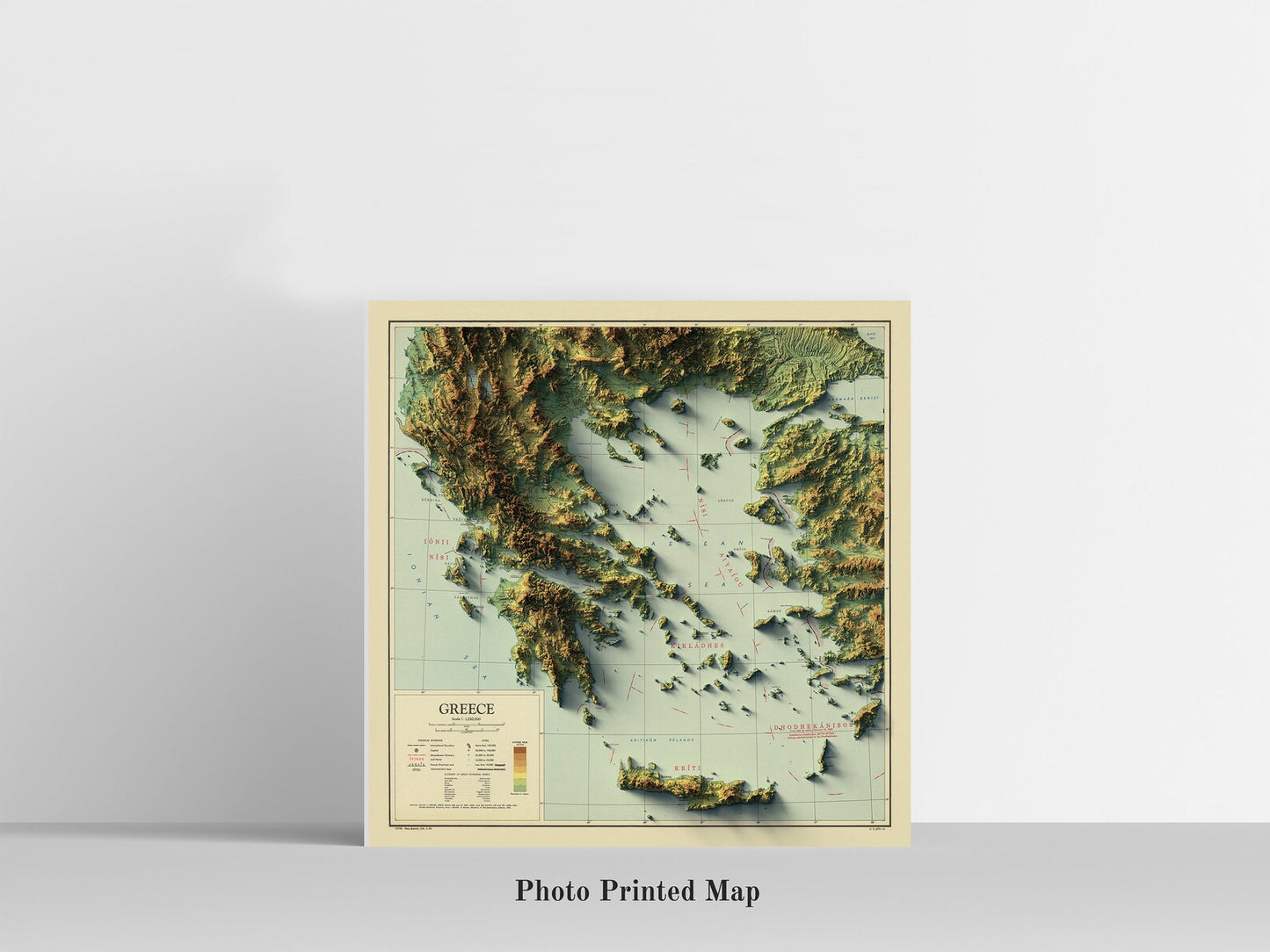 Greece Shaded relief map print, highlighting topography. Ideal for home decor and geography lovers