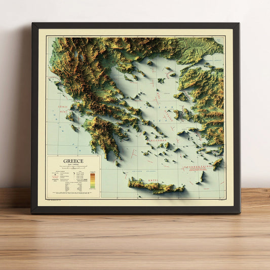 Greece vintage framed shaded relief map in black frame. Artistic print highlighting mountains with a realistic terrain effect