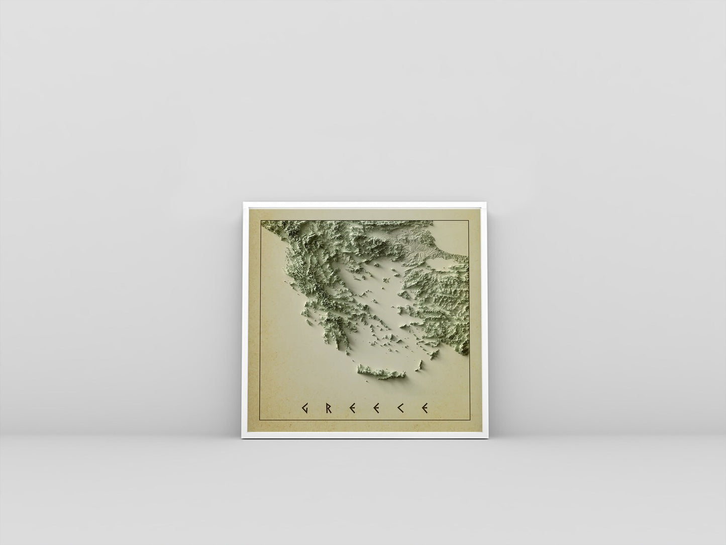 Greece vintage framed shaded relief map in white frame. Artistic print highlighting mountains with a realistic 3d effect