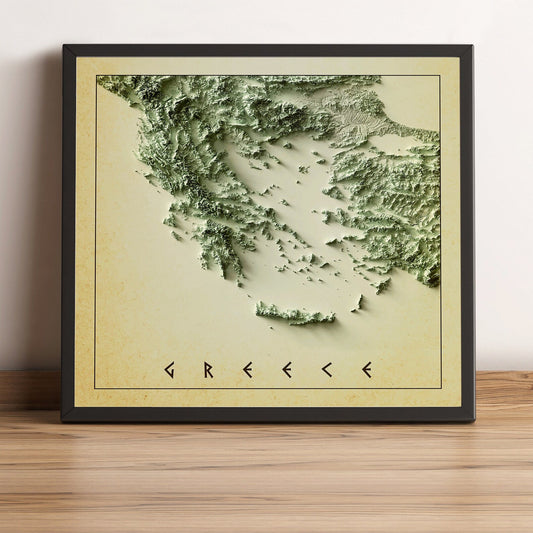 Greece vintage framed shaded relief map in black frame. Artistic print highlighting mountains with a realistic terrain effect