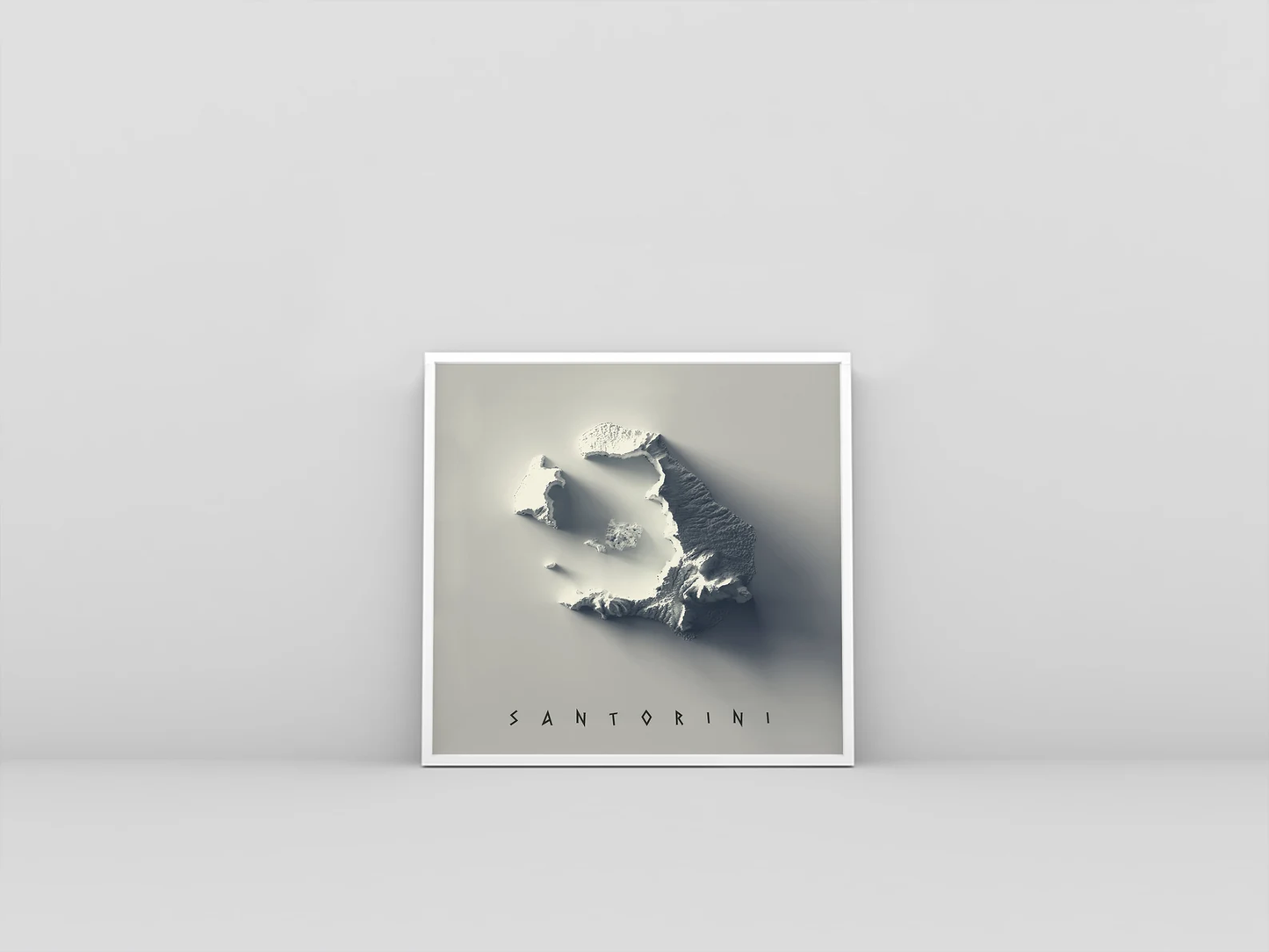 Santorini (Greece) framed shaded relief map in white frame. Artistic print highlighting mountains with a realistic 3d effect