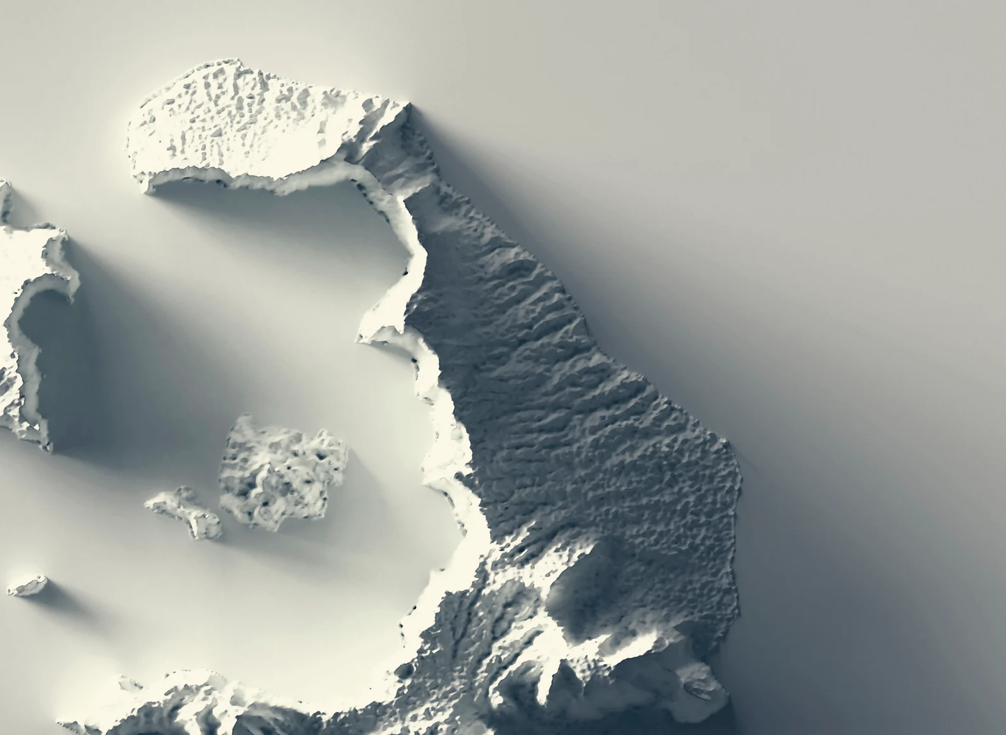 Detailed close-up of a Santorini (Greece) relief map, showcasing textured topography and geographic contours