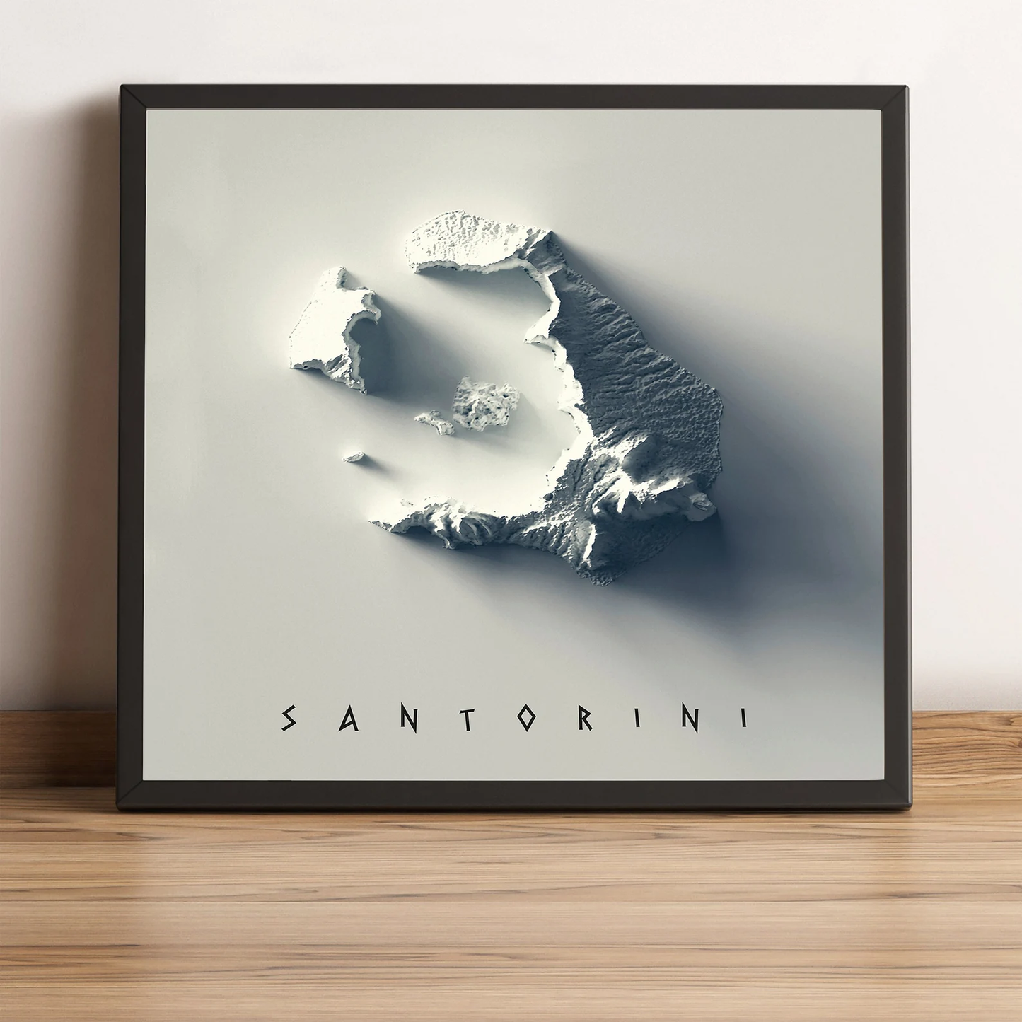 Santorini (Greece) vintage framed shaded relief map in black frame. Artistic print highlighting mountains with a realistic terrain effect
