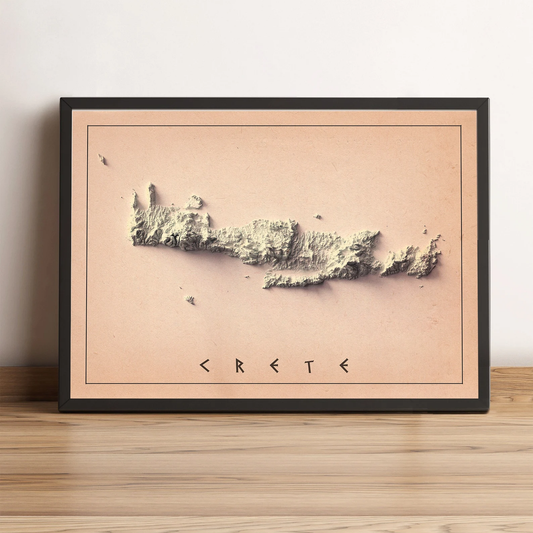 Crete (Greece) vintage framed shaded relief map in black frame. Artistic print highlighting mountains with a realistic terrain effect